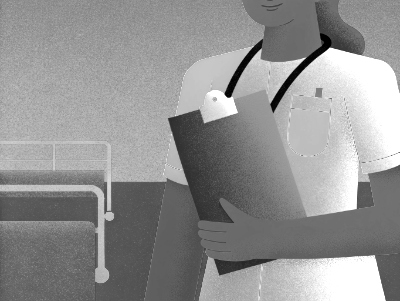 A nurse with a clipboard in a clinical setting.