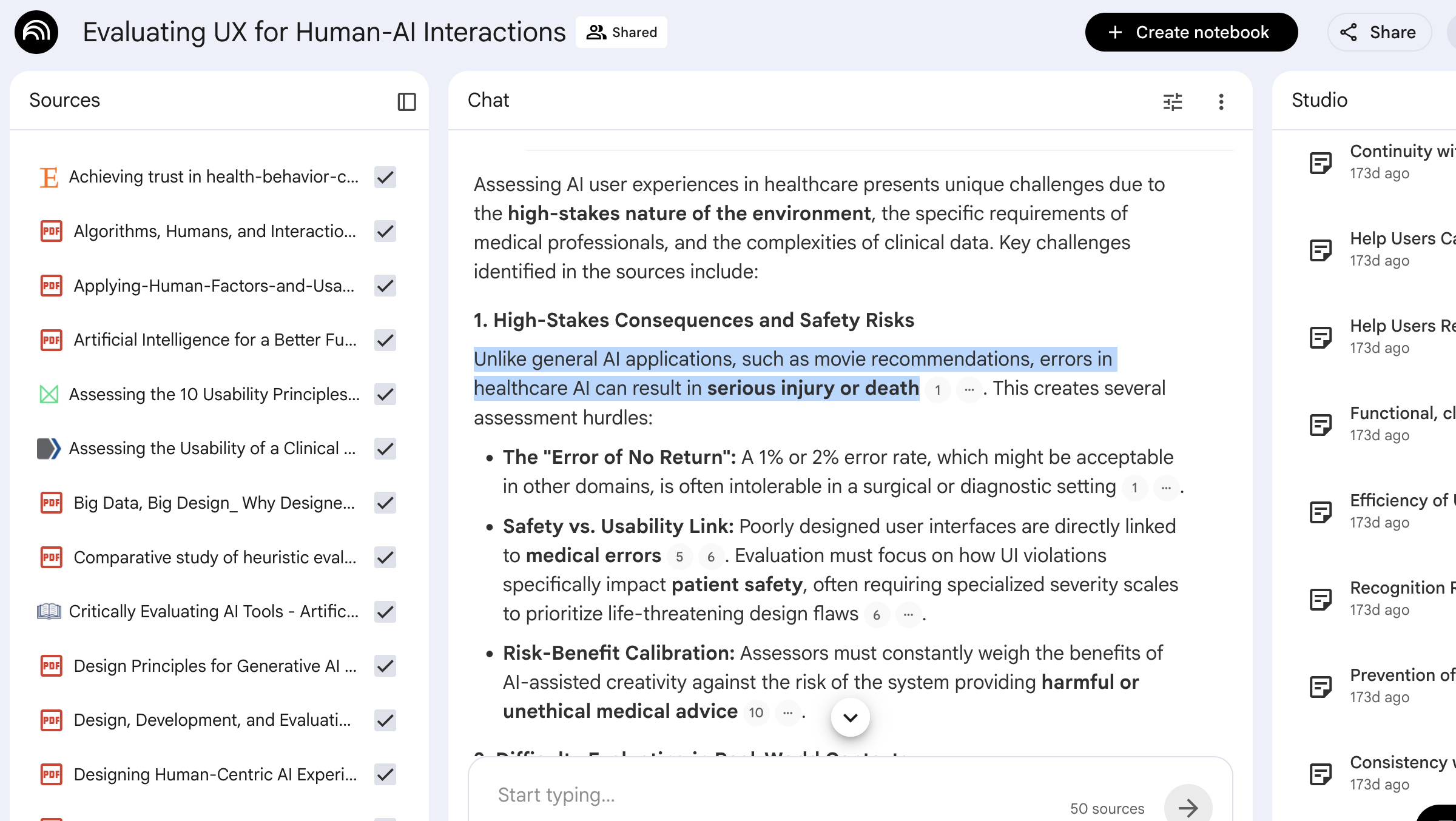 Google NotebookLM screenshot showing a highlight of challenges in healthcare usability evaluations.
