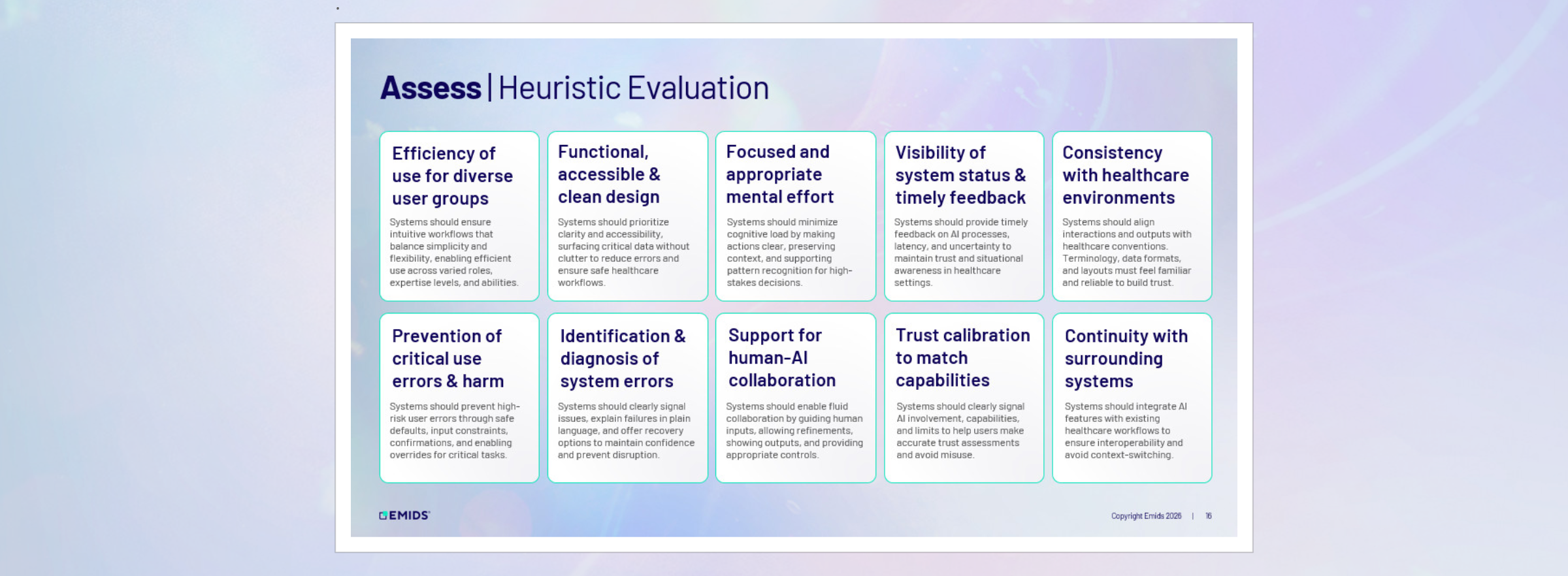 Summary slide of 10 heuristics for evaluating AI products.