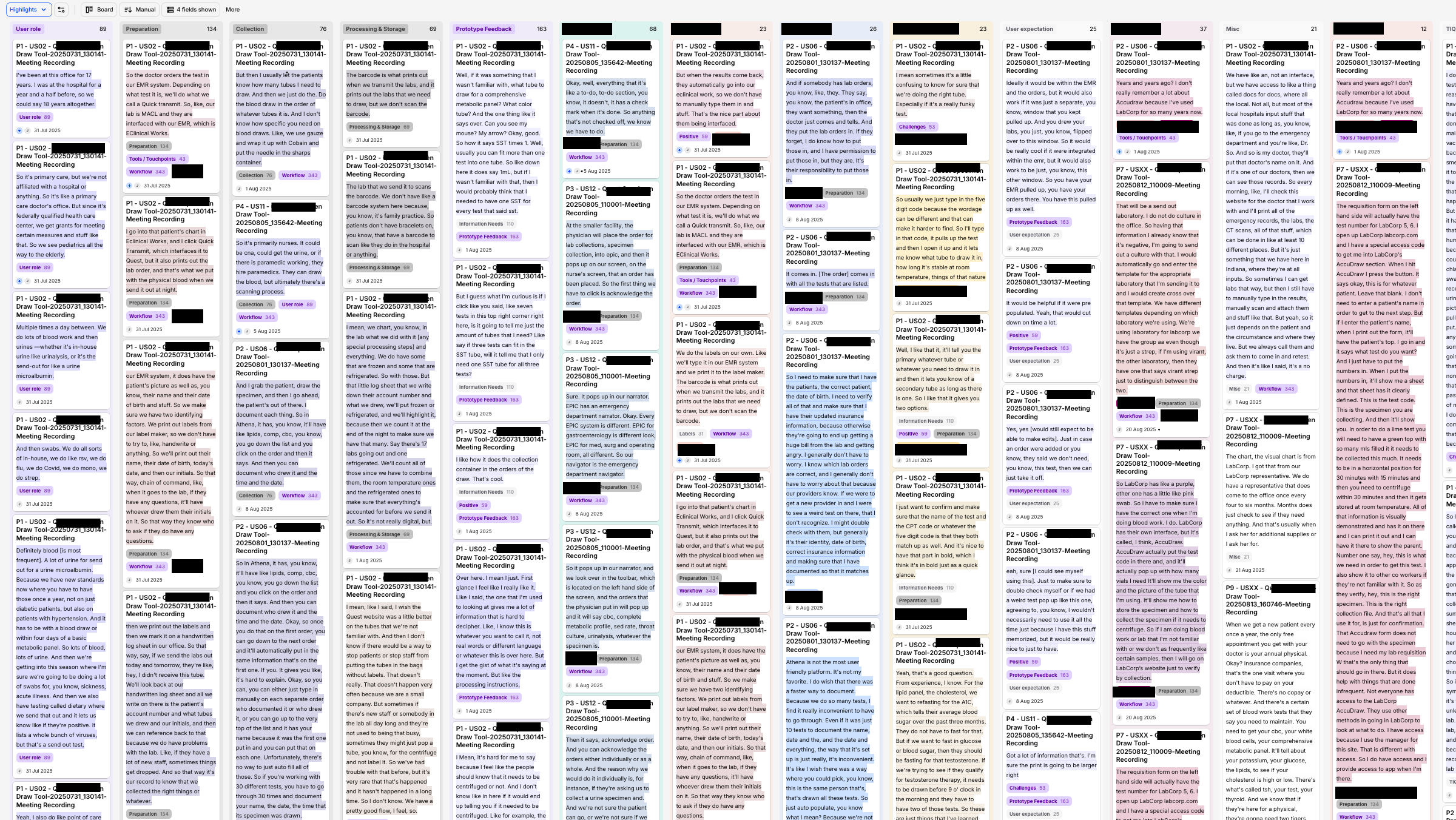 A collection of tagged user quotes after thematic analysis.